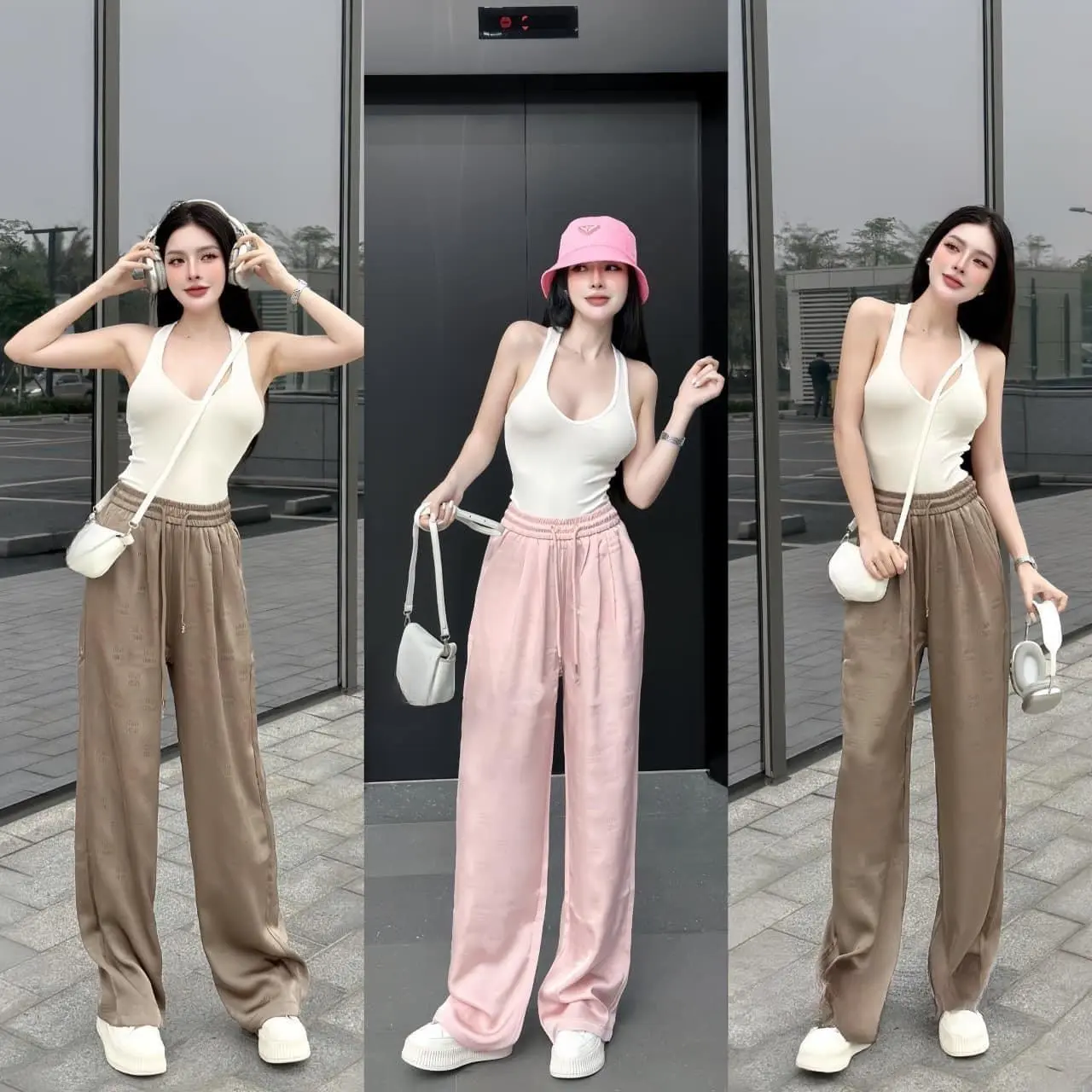 Quần Ống Suông và Quần Ống Rộng Chất Liệu Lụa Mềm Mịn Hoạ Tiết Hot, Lưng Thun Co Giãn Thoải Mái Kèm Dây Rút #07 Voi Nữ Women Hồng Kem
