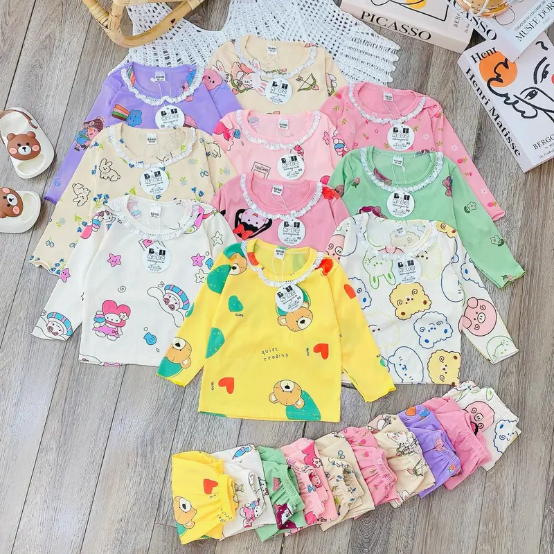 COMBO 2 BỘ quần áo thun tăm dài tay, họa tiết in kín cho bé gái size 6-16kg 0
