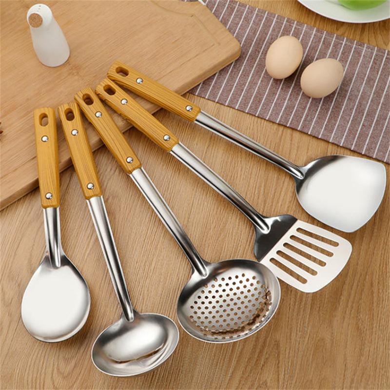 Dụng Cụ Nấu Ăn Bằng Thép Không Gỉ, Tay Cầm Chống Nóng Chất Lượng Cao, Tay Cầm Vân Gỗ, Thìa Rán, Muôi Súp, Dễ Lau Chùi, Thìa Chịu Nhiệt 2