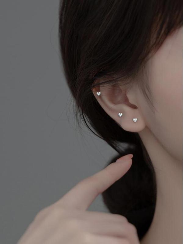 925 Sterling Silver Fashion Trendy Rhinestone Decor Heart Design Stud Earrings, Elegant Ear Jewelry for Women & Girls for Party, Daily Clothing Decor 8