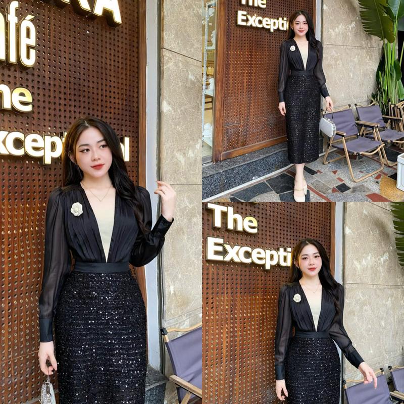 S37 - Váy thiết kế Evii dành cho nữ, Đầm thiết kế phối tơ 2 lớp, cổ V lưới, xếp ly trước ngực (tặng kèm hoa cài) dáng bút chì xuông kim sa sang chảnh phù hợp đi chơi và đi dự tiệc Có Bigsize Women Dress