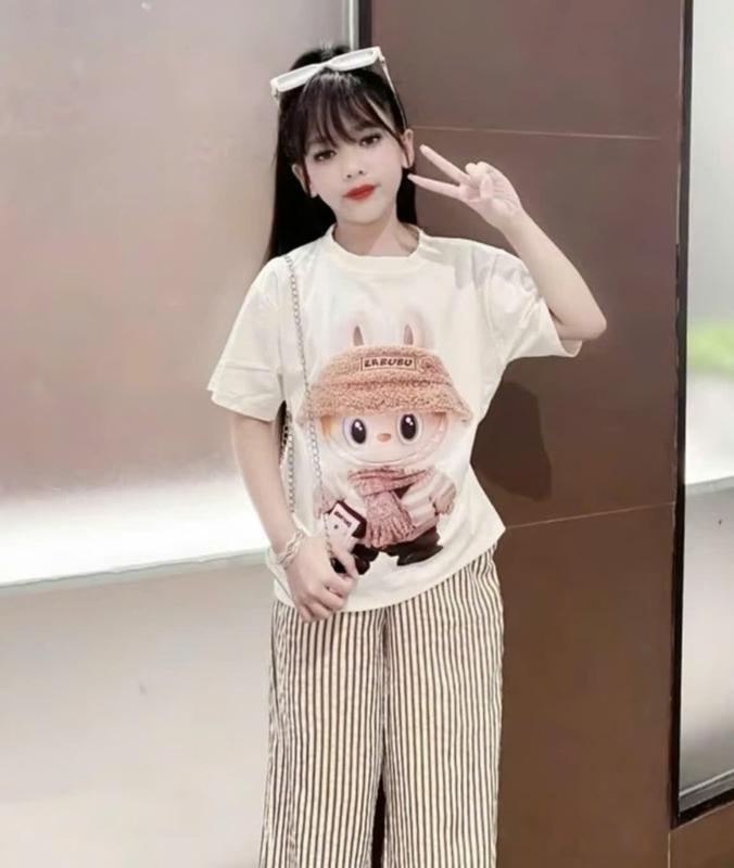 Bộ Áo Thun Quần Kẻ Sọc LABUBU Cho Bé Gái Siêu Xinh Xắn Size 13-44 kg Mát Mẻ set dài phông