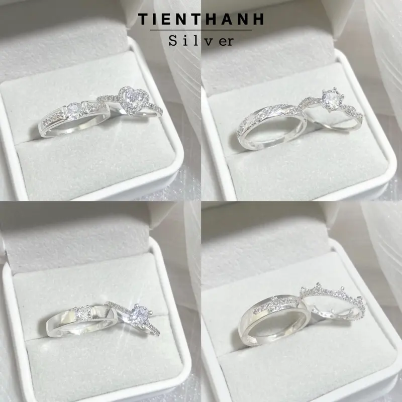 Các mẫu nhẫn đôi bạc thiết kế đính đá bạc thật Full box như ảnh TienThanh Silver