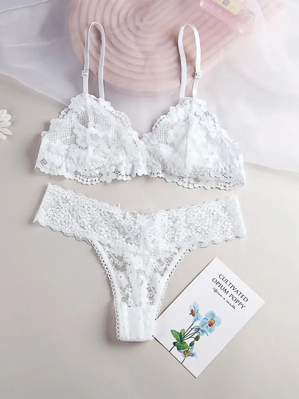 Women's Solid Color Lace Bra & Panty Two-piece Set, Comfy Breathable Wireless Bra & Panty Set, Lingerie Set for Women 3