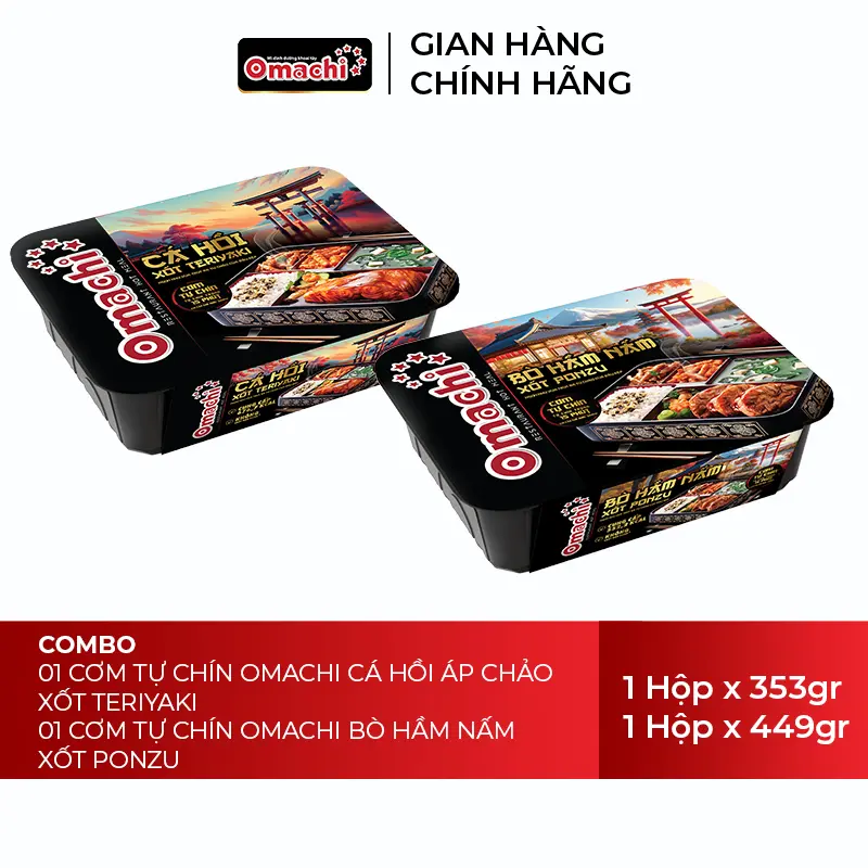 Combo gồm 1 Cơm tự chín Omachi cá hồi áp chảo xốt Teriyaki hộp x 353g và Cơm tự chín Omachi bò hầm nấm xốt ponzu hộp x 343g 1