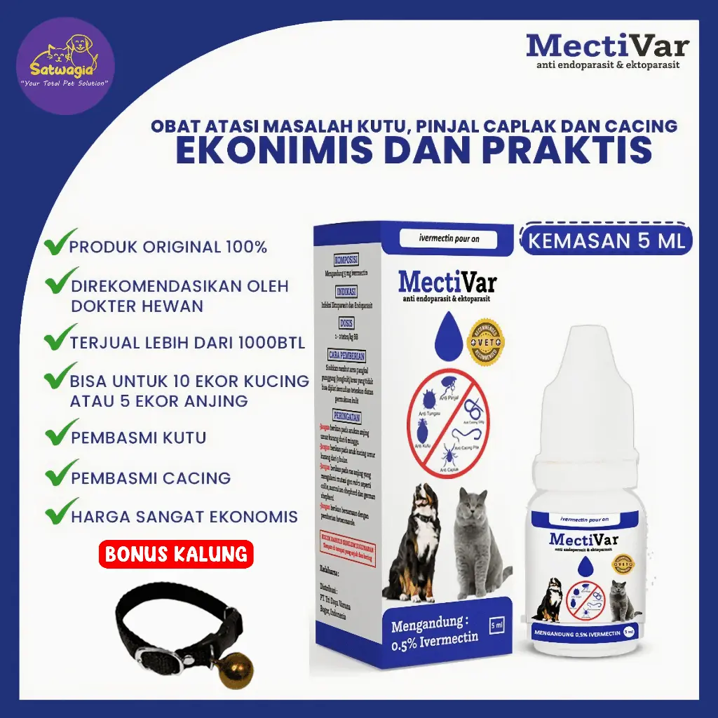 Mectivar - Obat Cacing dan Kutu tetes cair murah untuk Anjing, Kucing, Kelinci 5ml