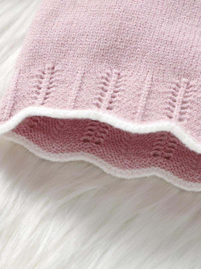 Product Introduction of Two-Piece Set Baby Girl's Argyle Print Eyelet Embroidery Ruffle Trim Sweater & Plain Pants, Cute Scallop Trim Bow Keyhole Neckline Top & Knitting Trousers, Infant Newborn Girls Fall & Winter Knitwear 4