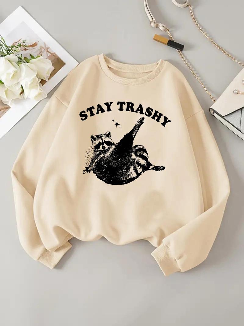 Product Introduction of Women's Raccoon & Letter Print Drop Shoulder Sweatshirt, Casual Long Sleeve Round Neck Pullover for Daily Wear, Ladies Clothes for All Seasons 7