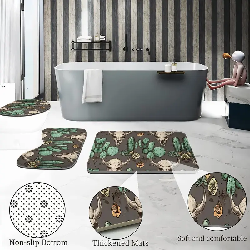 Cactus Skull Pattern Bathroom Set, 1 Shower Curtain with 12 Hooks, 1 Bath Mat, 1 U-shaped Rug, 1 Toilet Lid Cover, Bathroom Decor Supplies 5
