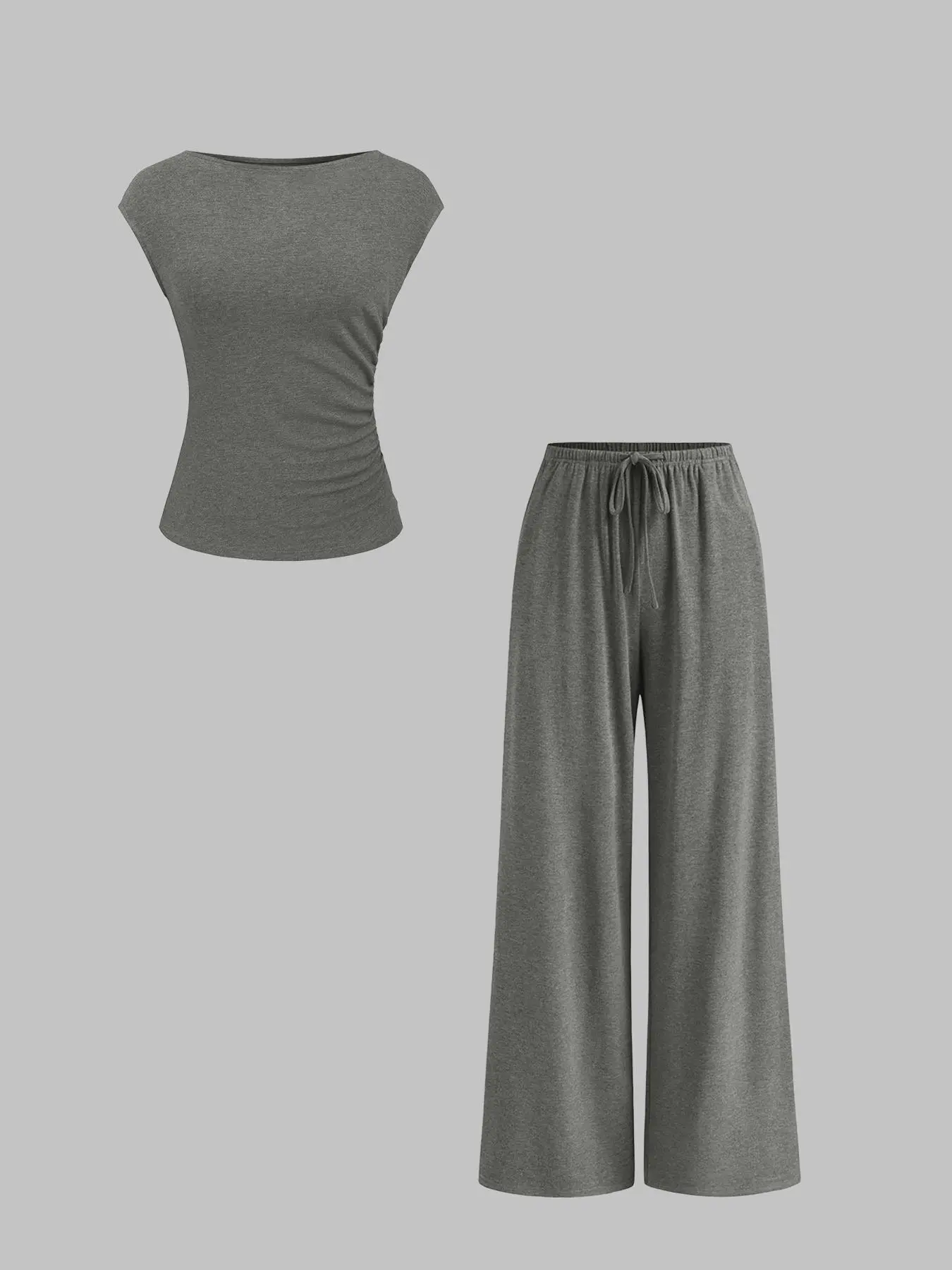 Two-piece Set Women's Solid Boat Neck Top & Elastic Waist Pants, Casual Top & Wide Leg Trousers for Summer, Ladies Clothes for Daily Wear