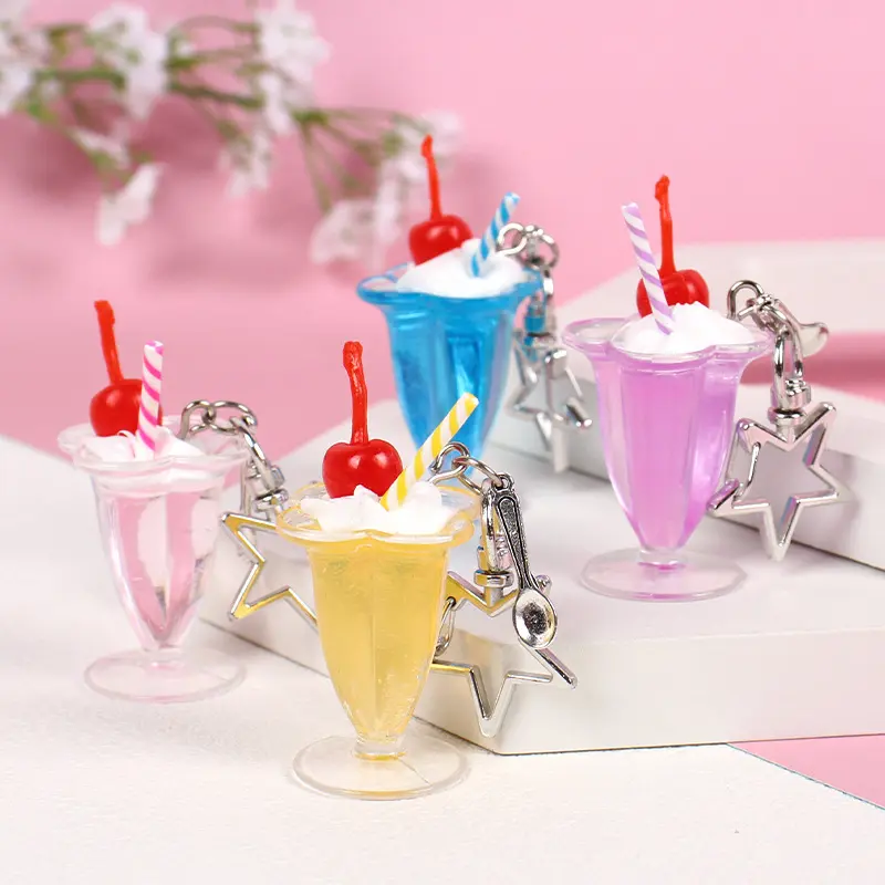 Simulation Ice Cream Star Keychain Creative Food Key Chains For Girl Cute Dessert Cup Bag Pendants Key Ring Jewelry Gift