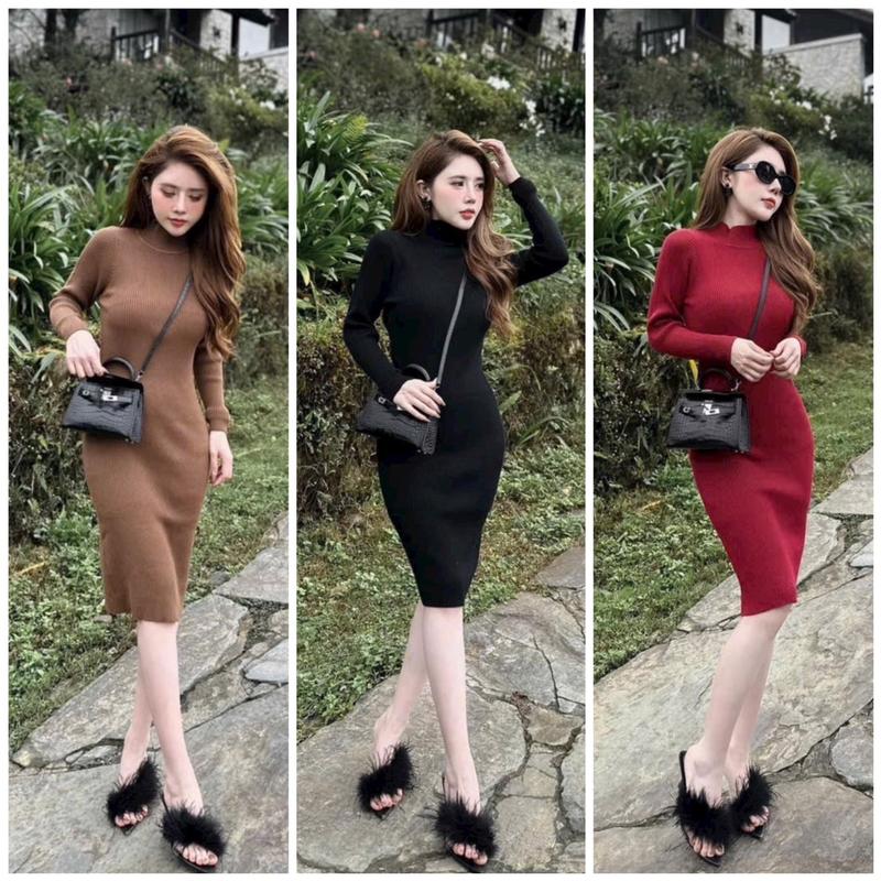   V245  Váy Len Tăm Cổ 3 Phân Dáng Ôm Sang Chảnh Nhung Nữ Dress Women Màu Đen 