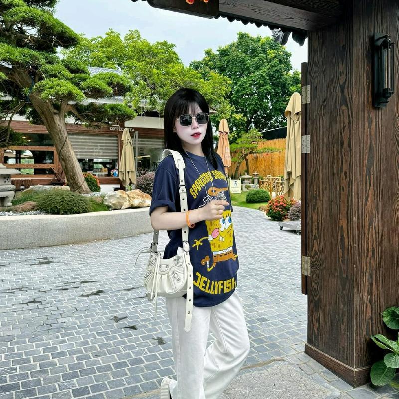 (chất cotton khô) Áo Thun Nam Nữ In hình Bọt biển, phong cách cá tính 4