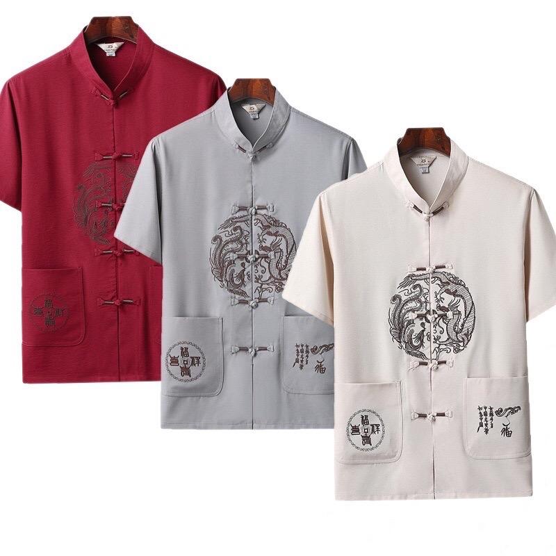 Áo sơ mi nam trung niên ngắn tay cổ tàu nút tiều thêu long Phượng phong cách thanh lịch sang trọng bigsize đến 105 kg Menswear Nhung sominam dep