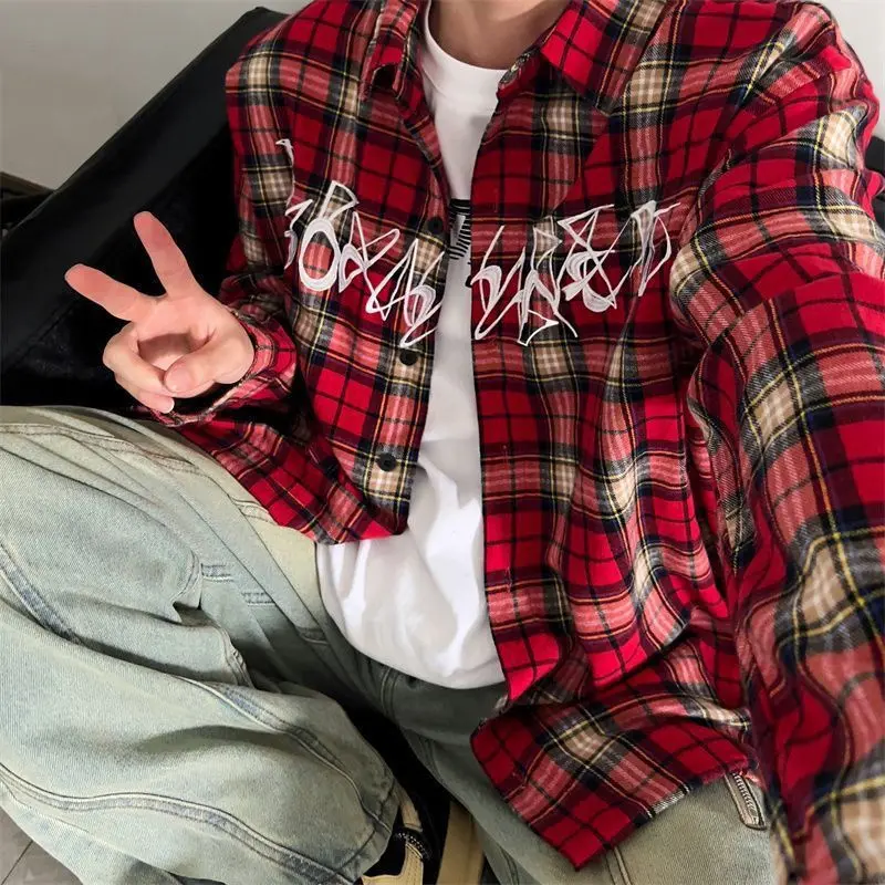 Áo Sơ Mi Hip Hop, Phong Cách Cổ Điển Mỹ, Kẻ Sọc Thêu Màu Đỏ, Áo Dài Tay, Thích Hợp Cho Các Cặp Đôi, Áo Khoác Sơ Mi Đường Phố Cao Cấp Hiphop