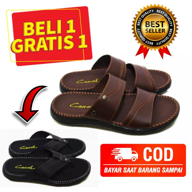 SANDAL PRIA COWOK CASUAL BELI 1 GRATIS 1  PROMO Sendal Slop Kulit Pria Japit Slop Selop Jepit 5