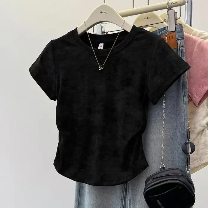 2025 new Korean pleated tie dye short sleeved T-shirt for hot girls, pure desire, light plate, versatile, ins style, daily wear