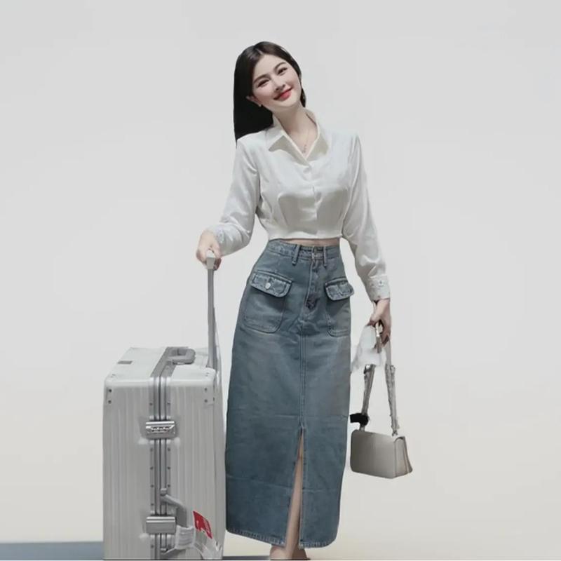 áo sơ mi croptop xếp ly eo tay dài sang trọng Trơn Nữ Women Trắng Shirt áo tơsen # áo cắt màu đen thường