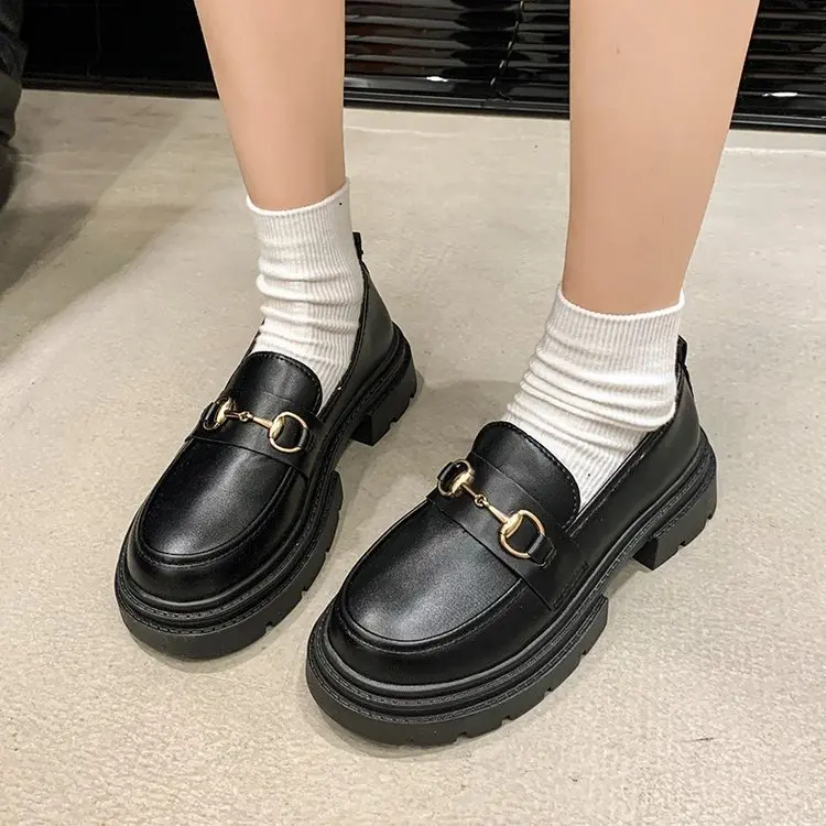 2024 Autumn New Popular Platform Thick Bottom Shoes Womens British Style Leather Shoes Lace up round Toe Soft Bottom Work Shoes