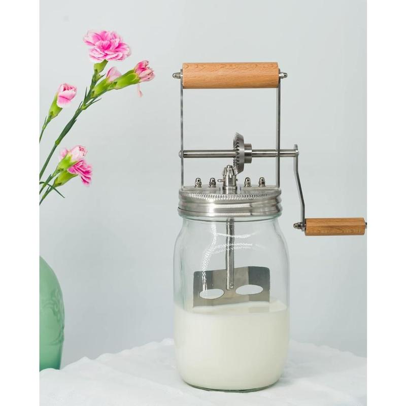 Product Introduction of Glass Butter Churner, 1 Count Manual Butter Maker with Wooden Handle, Butter Making Tool for Home Kitchen Baking House 6