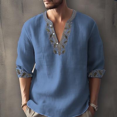 Product Introduction of Men's Ethnic Shirt Linen Shirt Long Sleeve Fashion Streetwear Designer Outdoor Daily Going out Spring & Summer Stand Collar Print Yellow Light Green Pink Red Navy Blue 10