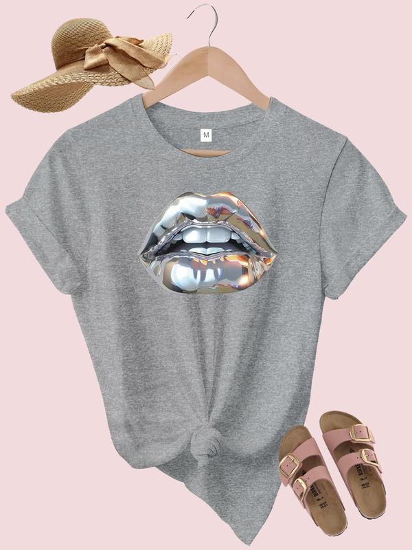 Women's Lip Print Round Neck Tee, Fashion Casual Crew Neck T-Shirt for Daily Holiday Vacation Outdoor Wear, Ladies Clothes for Summer, Top 4