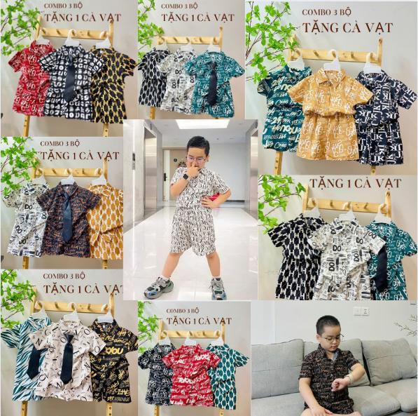 (TẶNG 1 CÀ VẠT)Combo 3 bộ quần áo sơ mi ngắn tay quần đùi mùa hè cho bé trai và bé gái Size 7kg đến 30kg, Chất lụa mát , thoáng sơ mi quanao  daitay bộ  tàu set  đồ