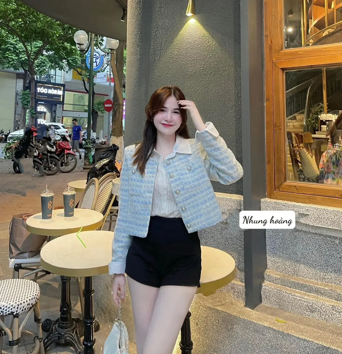 Áo dạ tweed kẻ xanh cúc ngọc cổ tròn nữ xinh hàng dầy dặn - T69