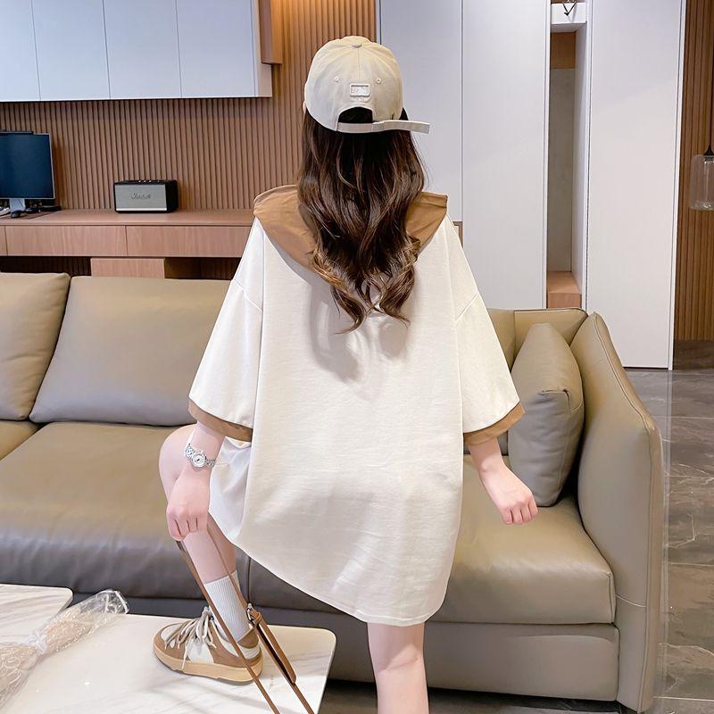 Product Introduction of Áo Thun Ngắn Tay Có Mũ Trùm Đầu, Dành Cho Nữ, Phong Cách Hàn Quốc, Dáng Rộng Vừa Vặn, Dễ Phối Đồ Đi Chơi, Màu Tương Phản, Áo Tay Lửng Ngoại Cỡ Thời Trang, Mùa Hè 2024 Hàng Mới Về Women Top Hoodie Cổ Tròn 3