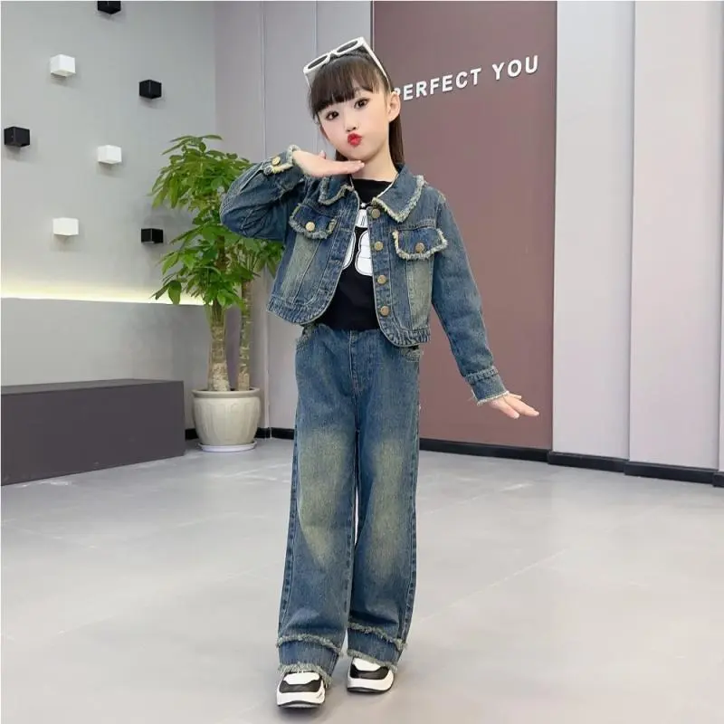Bộ Denim Cho Bé Gái, Hàng Mới Về, Phong Cách Cổ Điển, Cỡ Trung Bình Và Lớn, Quần Ống Đứng Thường Ngày Quần Jean, Bộ Hai Mảnh Sandal quần áo  cho bé gái Gile
