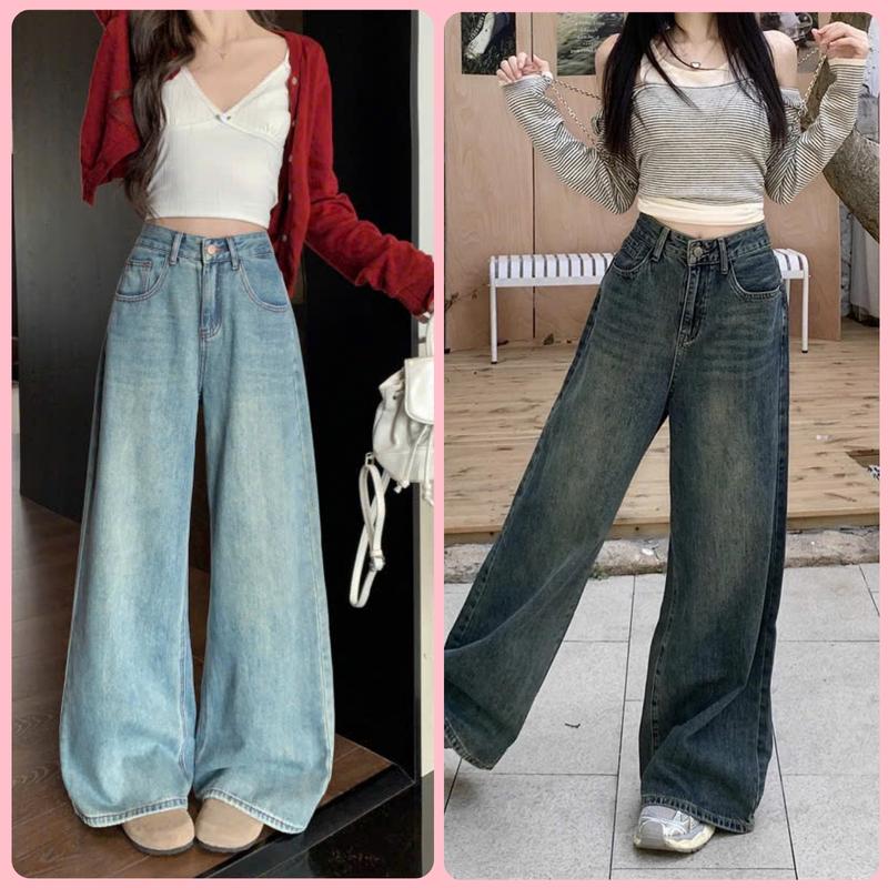 Quần jean nữ ống suông lưng cao 2 màu nữ tính cao cấp quần bò ống rộng chất vải mềm mại không nhăn siêu cá tính