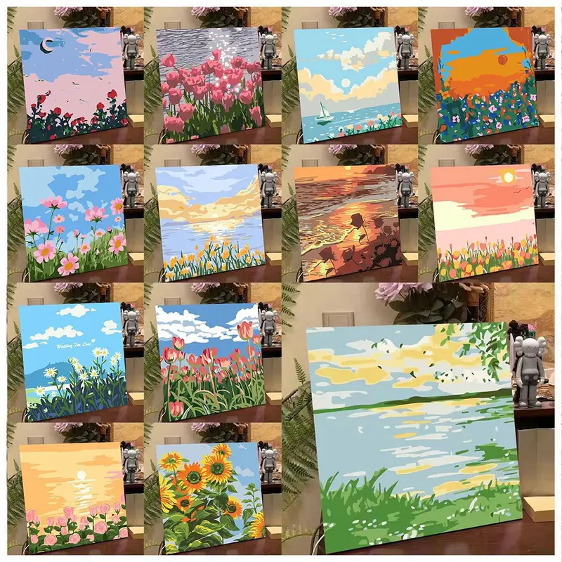 Tranh Sơn Dầu Kỹ Thuật Số, Hoa Và Phong Cảnh, Tự Làm, 30 * 30cm, Tranh Thủ Công Tô Màu, Tô Màu Tay Cho Trẻ Em, Có Thể Dùng Làm Đầy, Tranh Sơn Dầu Kỹ Thuật Số Hoa Tulip 3