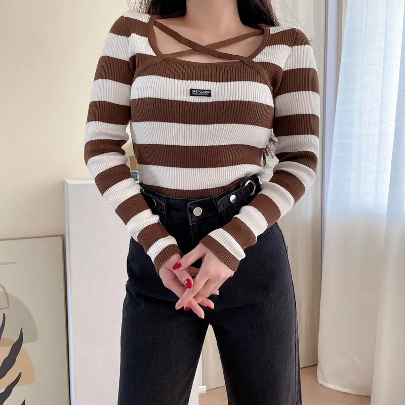 MODAMYTH BT001 - Atasan Knit Lengan Panjang Wanita Korean Style Top Rajut Stripes Knitwear 2