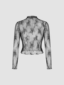 Top transparente con ribete ondulado y estampado floral para mujer, top elegante de manga larga con cuello alto para el día a día, ropa de mujer para todas las temporadas