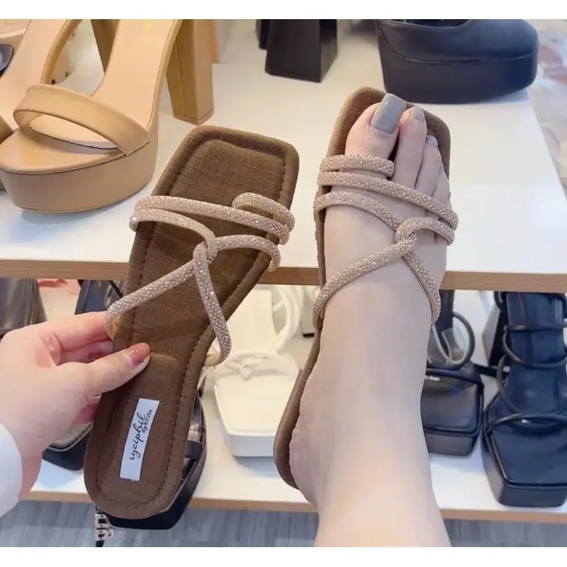 lamlamshoes- Dép lê nữ- dép lê dây đá xỏ ngón mix quai ngang đế bệt dẻo mũi vuông xỏ ngón dây đá AC207 DéP GiàY