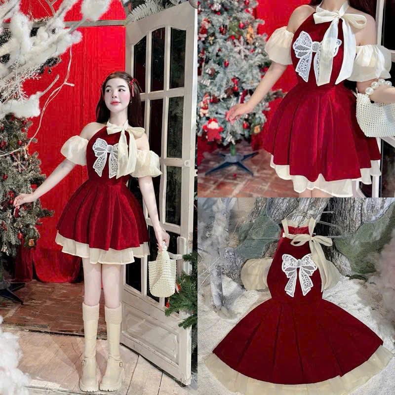 Đầm nhung cổ yếm thêu ren nơ tay bồng có mút kèm nơ voan kiếng dáng xòe mặc Noel Tết Nữ Women Kem Dress Đỏ