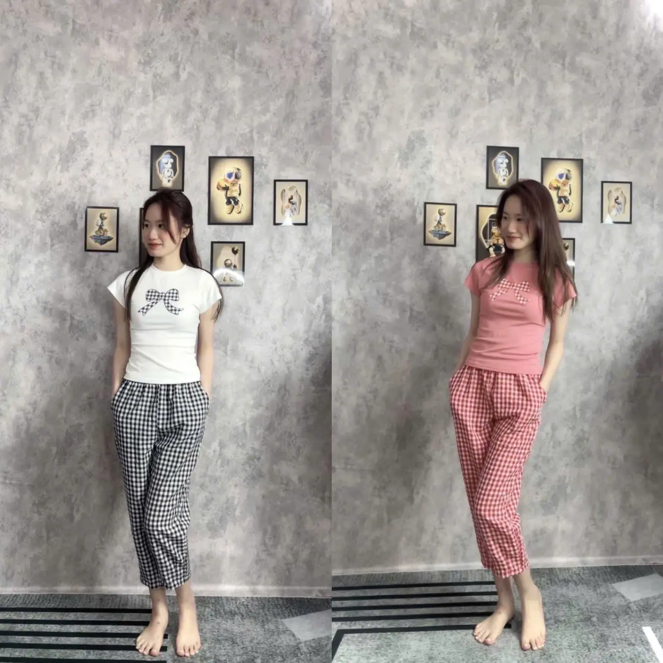 sét bộ áo thun tăm lạnh quần đũi dáng baggy in hình nơ với 2 tông màu nổi bật size  từ 38 -50 kg  (TB11)