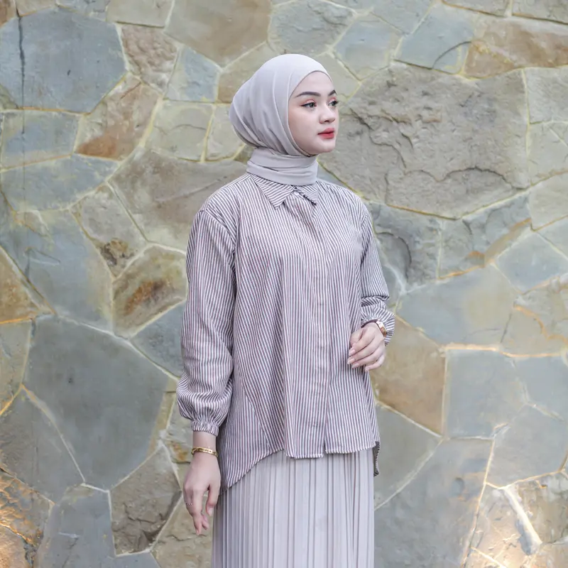 ELF STORE - KARA Kemeja Atasan Salur Stripe Katun LD Jumbo Wanita Muslim Panjang Kekinian Baju Oversize 2