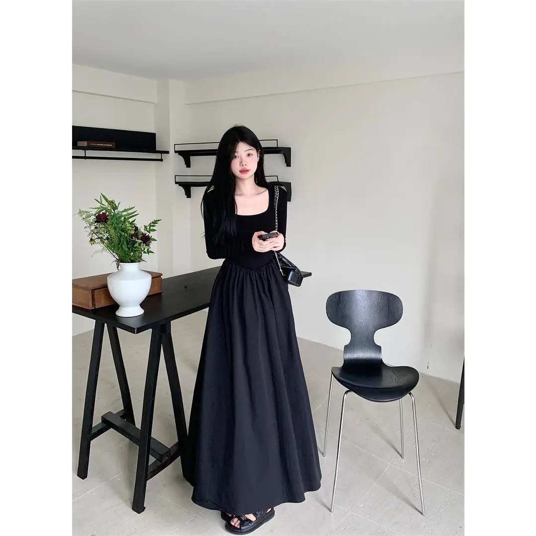 Đầm Dài Tay Cho Nữ, Phong Cách Pháp, Chất Lượng Cao, Eo Bó Sát, Dáng Ôm, Màu Đen, Thanh Lịch, Thích Hợp Cho Mùa Thu, Phong Cách Hepburn Women Dress Cổ Tròn