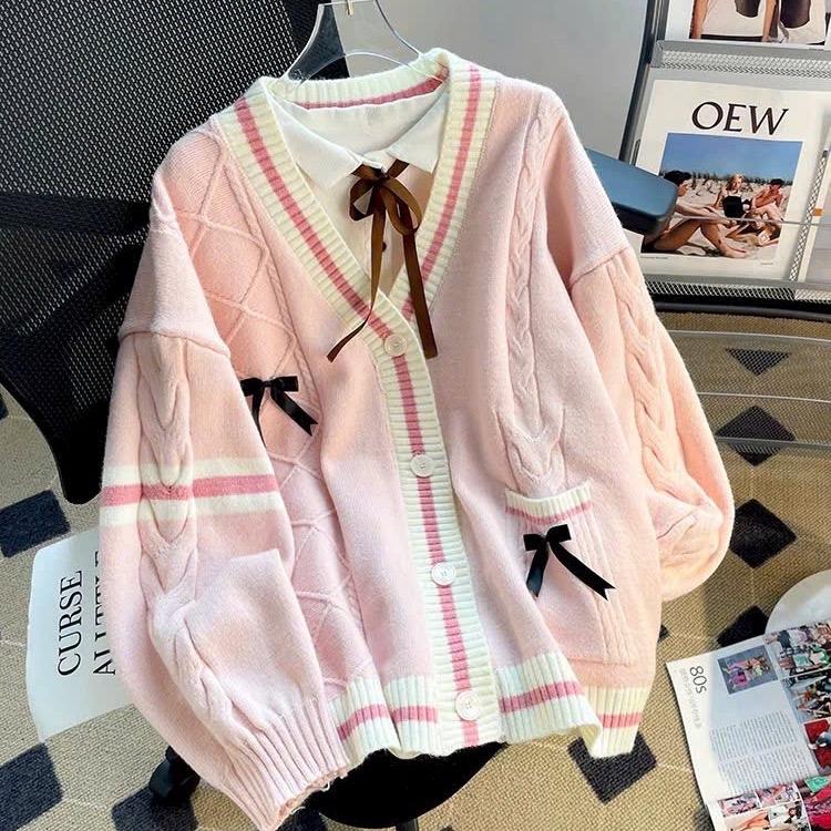 ÁO CADIGAN LEN QC ĐÍNH NƠ PHÔIA VIỀN MÀU, LÀM ÁO KHOÁC ĐI CHƠI ĐI HỌC Women Nữ Kem Top cardigan cardigan  che bắp tay Dài Tay Sò khoac lentieuthu