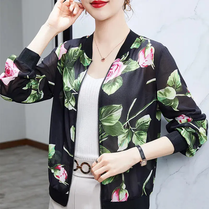 Áo Khoác Cho Mẹ, Dài Tay, Dành Cho Nữ, Mùa Xuân Và Mùa Hè, Phong Cách Hàn Quốc Mới, Ngoại Cỡ, Áo Khoác Bóng Chày, Dễ Phối Đồ, Ngắn, Hoa Vàng, Áo Khoác Chống Nắng 7