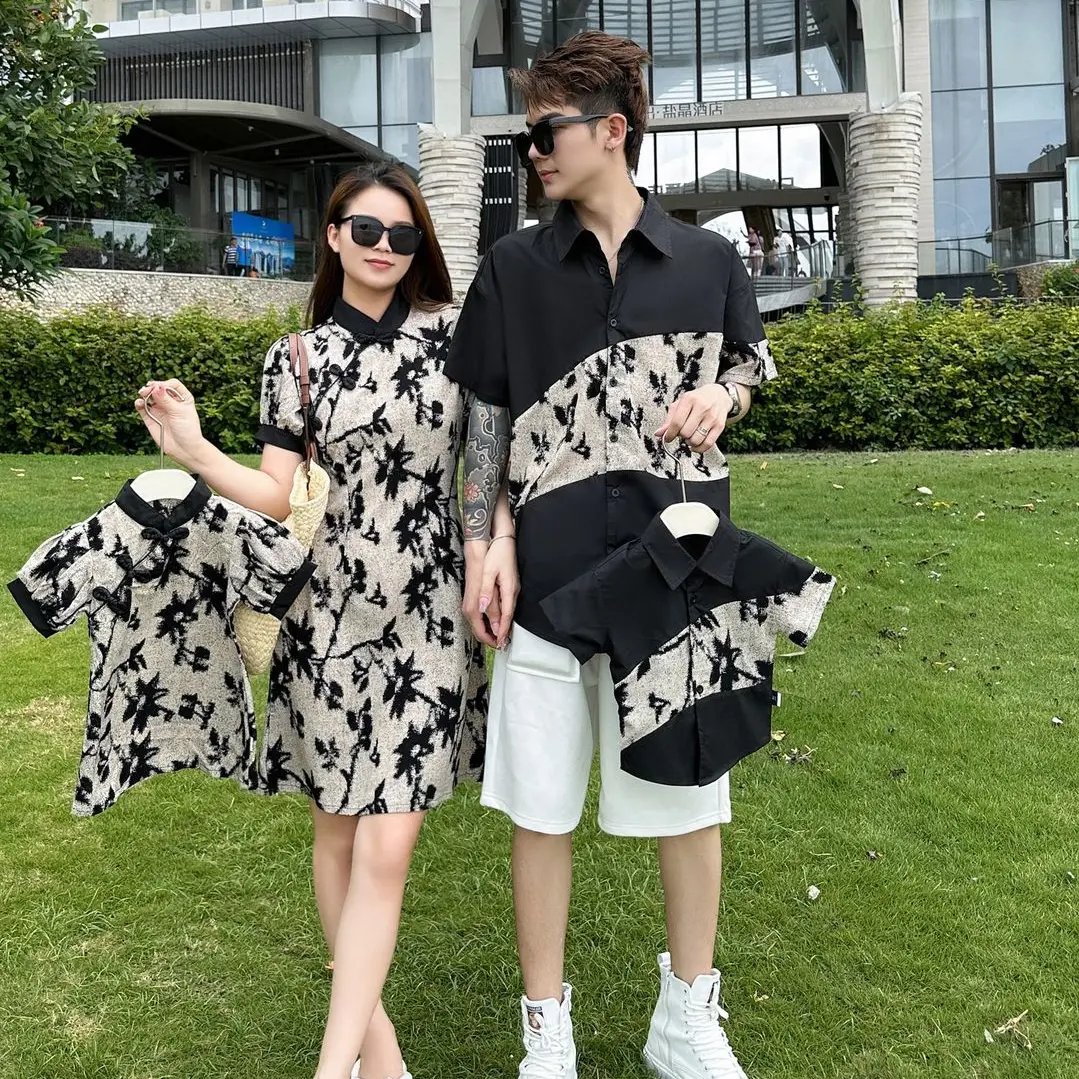 Summer a family of three sets, Chinese style clothing, mother and daughter dresses, mother and son matching clothing, baby clothing, a family of four short-sleeved shirts, travel family outdoor clothing, couple clothing