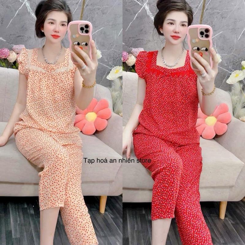 T70 (40-75KG) SET ĐỒ BỘ QUẦN DÀI 9 TẤC ,CÓ TÚI ,LỤA 100D MẶC NHÀ DỄ THƯƠNG IN HOA NHÍ Áo Quần Ngủ Đỏ Top Nhung Women
