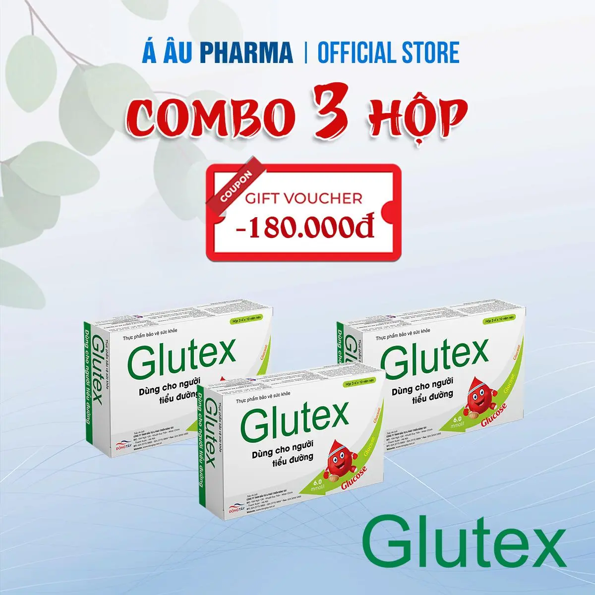 [01.01 SIÊU SALE] -Combo 3 hộp Viên uống Glutex giúp hỗ trợ giảm và ổn định chỉ số đường huyết (hộp 30 viên) - Công ty Á Âu