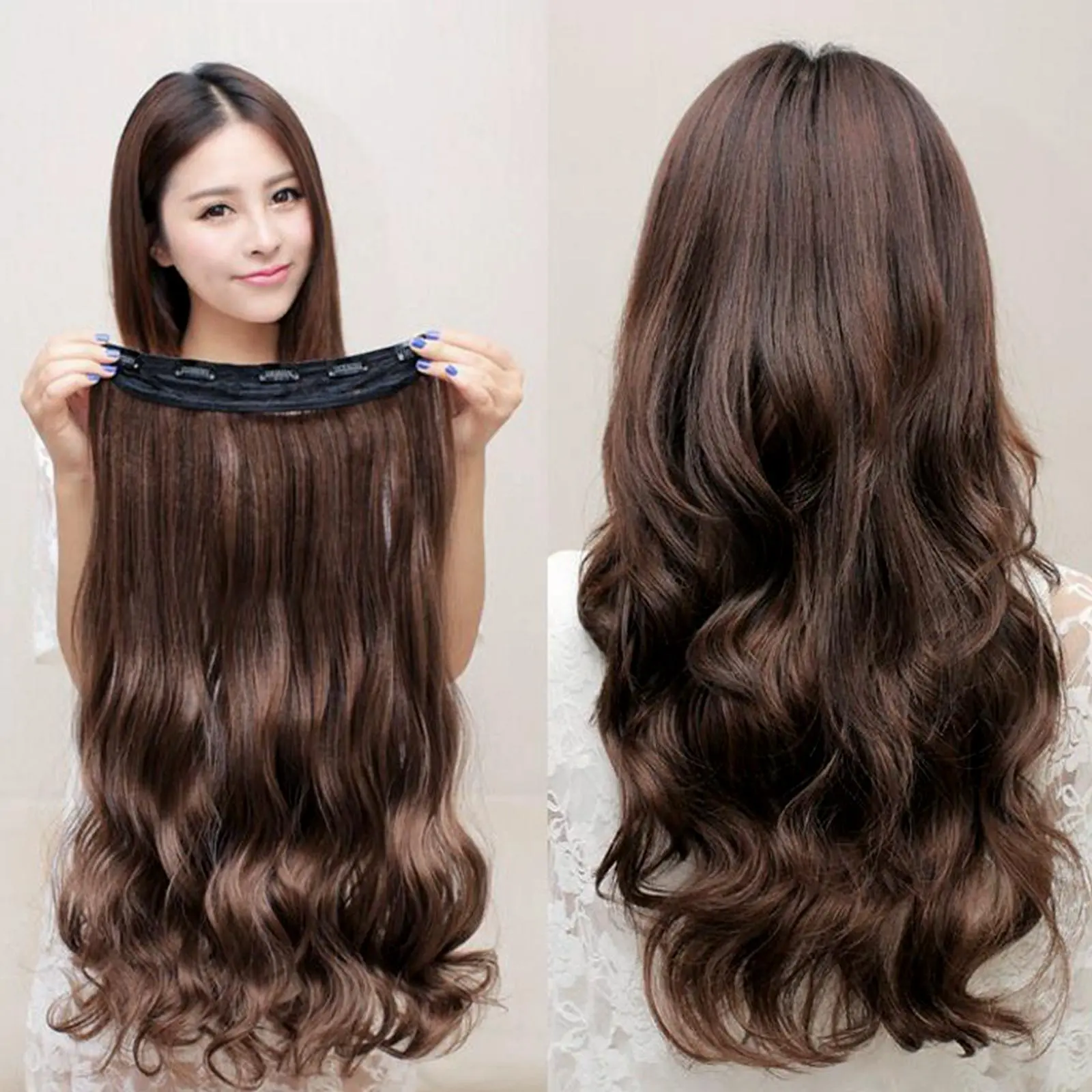 Tóc Giả Thời Trang, Màu Nâu Đậm, Kiểu Gợn Sóng Lớn, Tóc Nâu Xoăn, Tóc Nối Màu Tối, Làm Bằng Tóc Người, E3U4