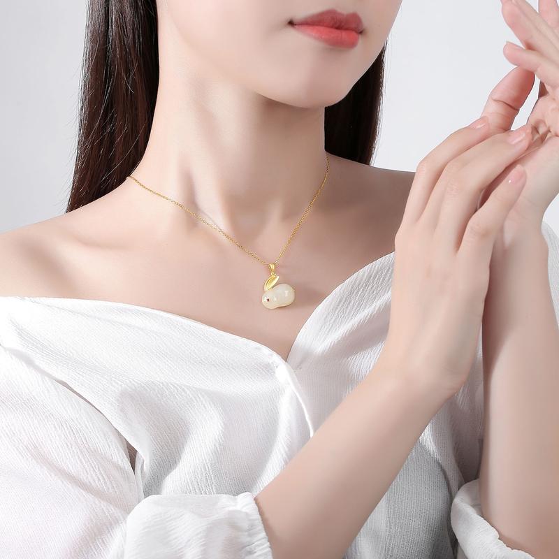 Hetian Jade Hare Pendant S925 Silver Plated Cute Jade Hare Ear Stud Necklace Bracelet Ring Fairy Jewelry Suit 4