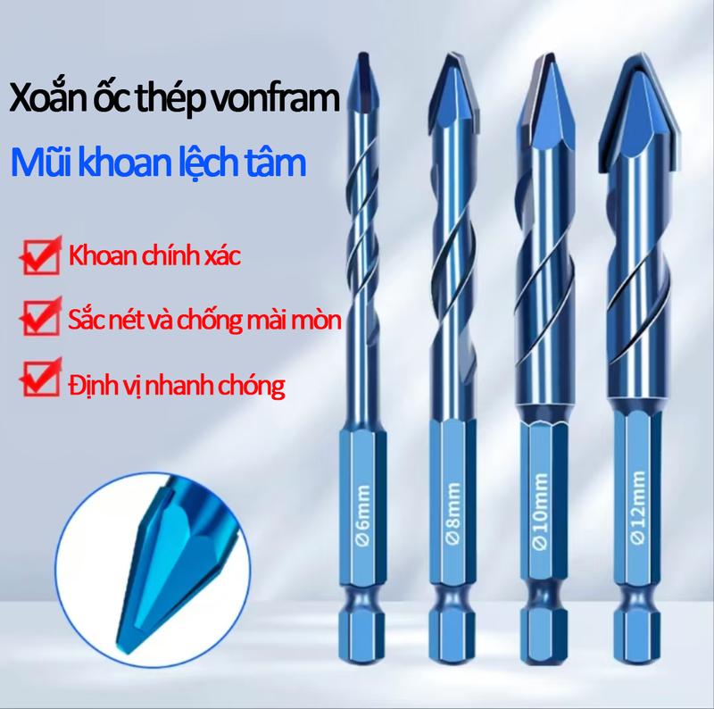 [Bộ 4 món] Mũi khoan lệch tâm đầu nghiêng 6/8/10/12 mm tay cầm lục giác khoan gốm đá bê tông khoan gạch sứ