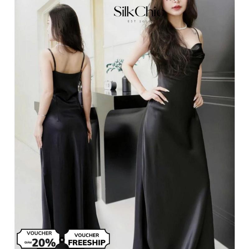 Váy Lụa Hai Dây Có Tà Xẻ Đùi Khoe Dáng - SilkChic 638 Váy Lụa Nhẹ Nhàng Sang Chảnh Nữ Women Dress Nhung Đen