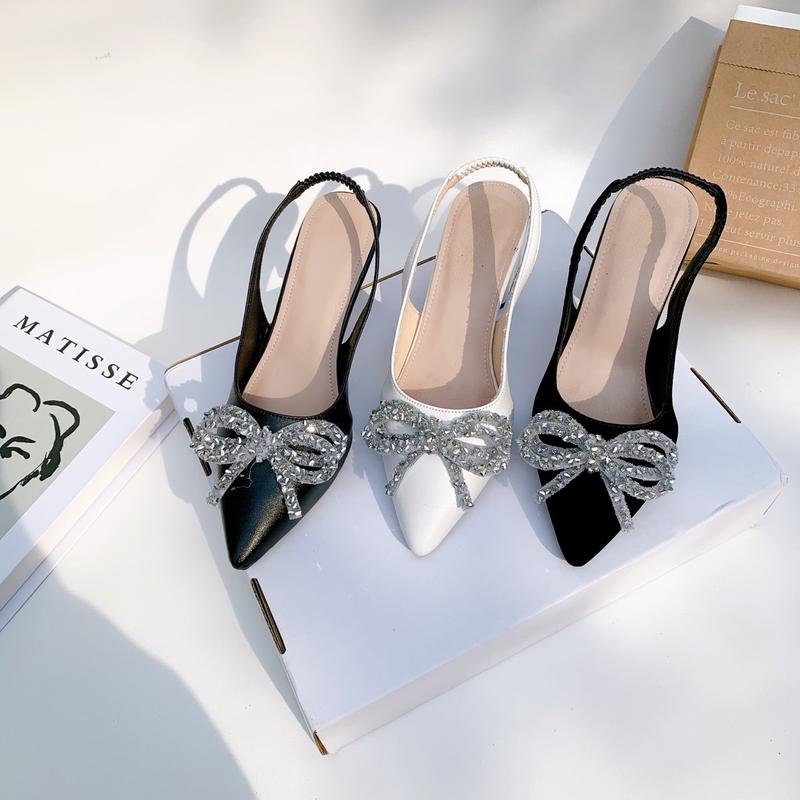 B37-(ĐẾ CAO SU)(ĐI ĐÚNG SIZE) Giày cao gót mũi nhọn, hậu chun, gót cao 3-9cm, gắn nơ đá sáng Shoes Nữ DéP
