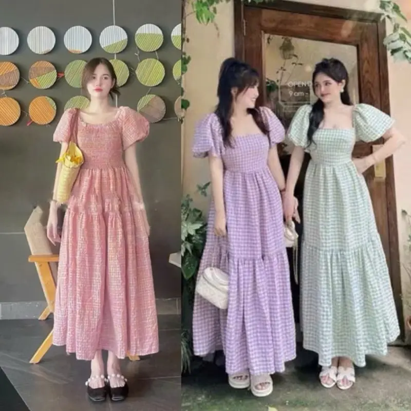 Váy Caro Cổ Vuông Tay Bồng Có Bo Chun Cực Tôn Dáng Đầm Maxi Đi Chơi, Đi Biển